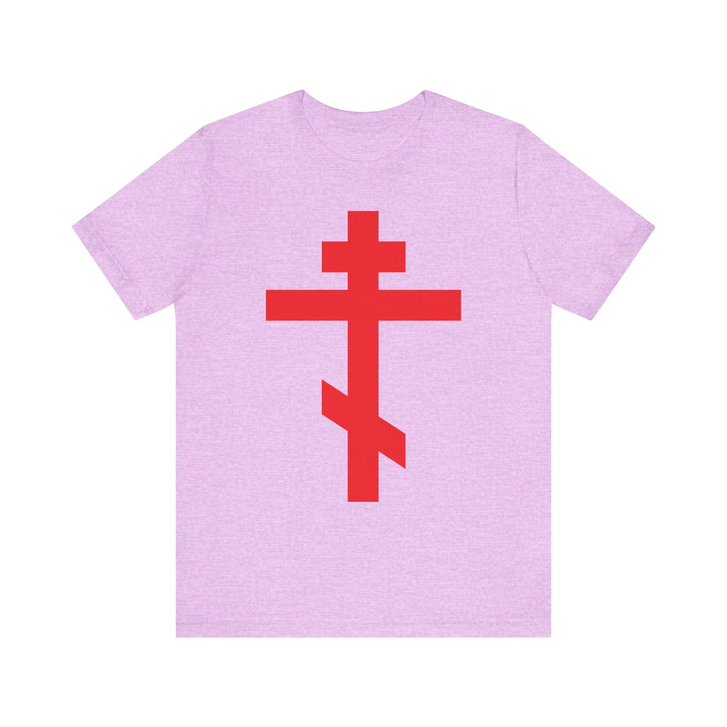 Heather Prism Lilac t-shirt featuring a bright red Orthodox Cross and "Preserve Thy People By Thy Cross, O Lord." Lightweight cotton unisex tee inspired by the Troparion of the Cross.