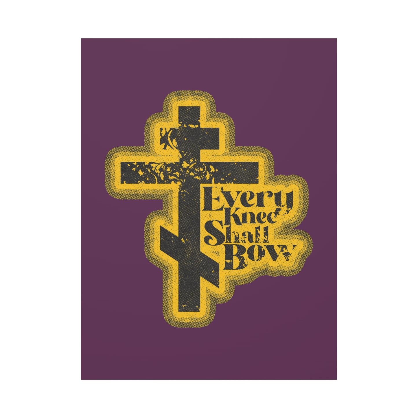 A black and yellow cross with "Every Knee Shall Bow" text on purple, in a 70s distressed halftone comic book style, inspired by Philippians 2:10-11 & Isaiah 45:23. Christian Wall Art.
