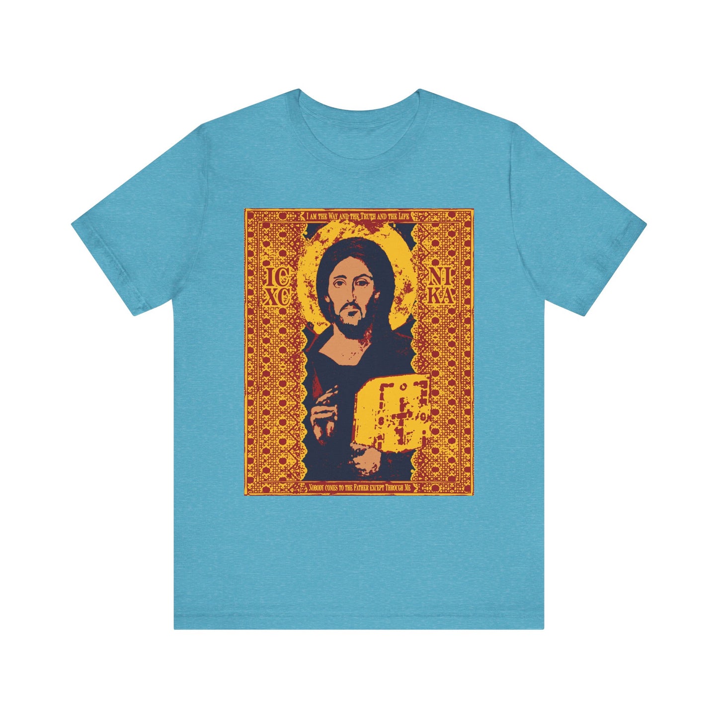 A Heather Aqua unisex lightweight cotton T-shirt featuring the "Jesus Christ Sinai Pantocrator IconoGraphic" design with ICXC NIKA and "I am the Way" from John 14:6, inspired by Orthodox iconography in yellow, red, and brown tones on the front.