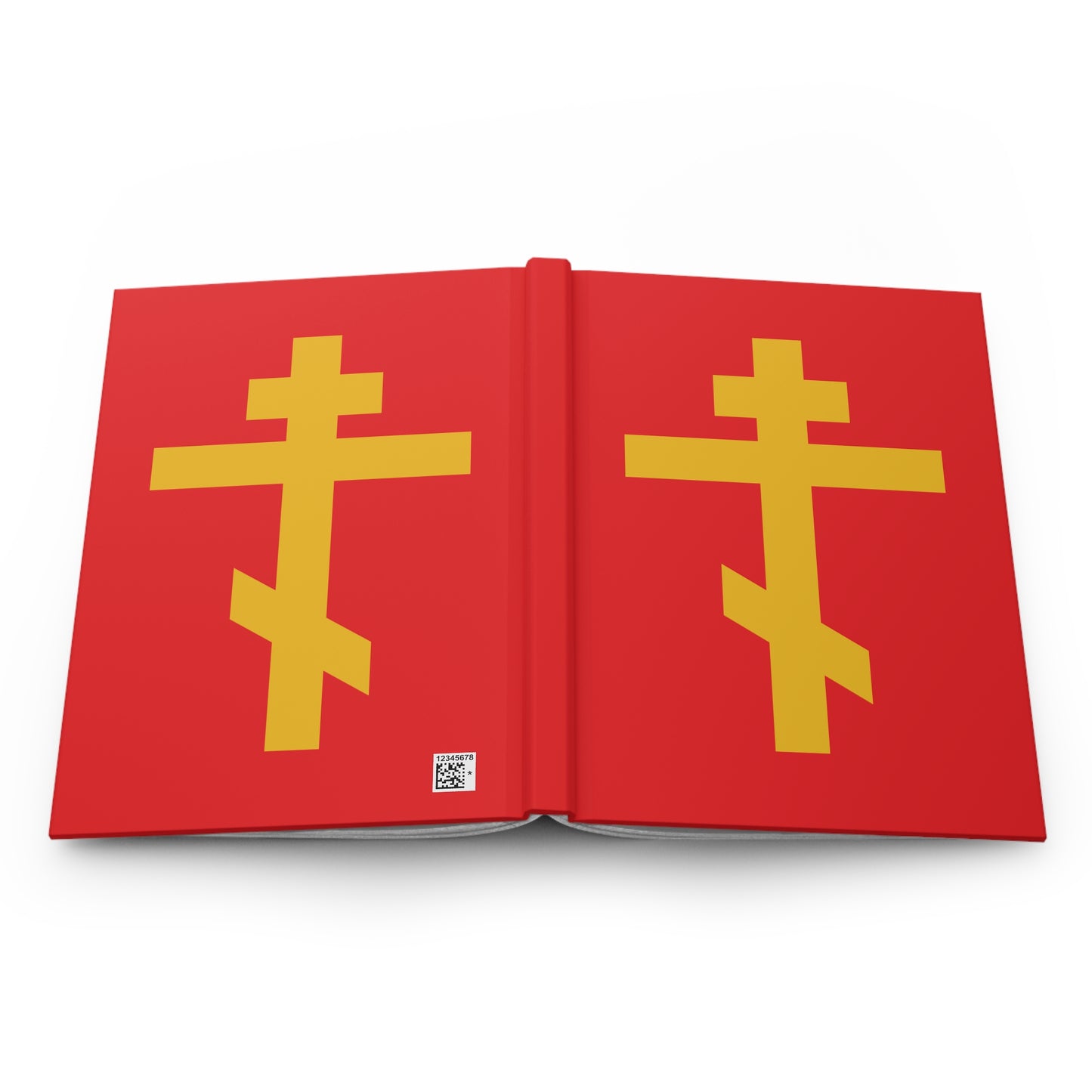 The "Yellow Orthodox Cross Red Background" Orthodox Hardcover Journal features a yellow cross on red, symbolizing the Precious and Life-Giving Weapon of Unseen Warfare—Scourge of Demons.