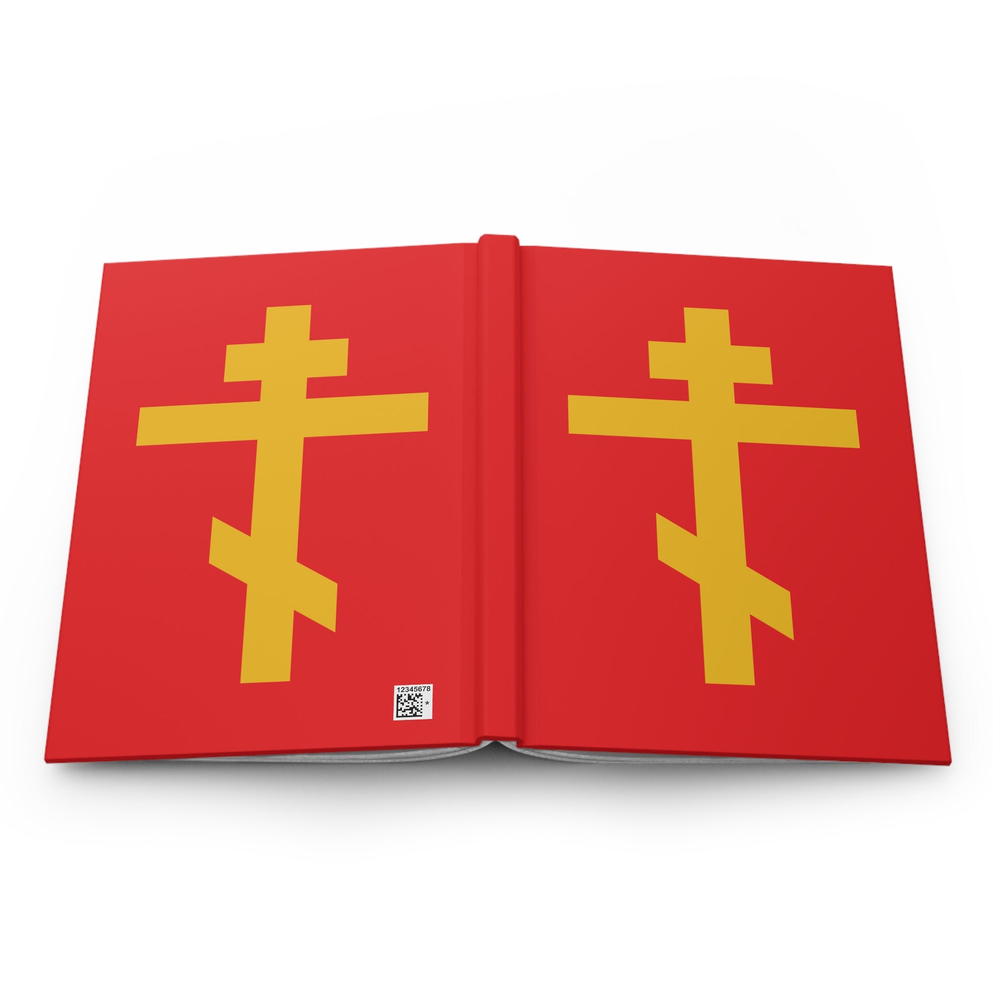 The "Yellow Orthodox Cross Red Background" Orthodox Hardcover Journal features a yellow cross on red, symbolizing the Precious and Life-Giving Weapon of Unseen Warfare—Scourge of Demons.