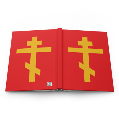The "Yellow Orthodox Cross Red Background" Orthodox Hardcover Journal features a yellow cross on red, symbolizing the Precious and Life-Giving Weapon of Unseen Warfare—Scourge of Demons.