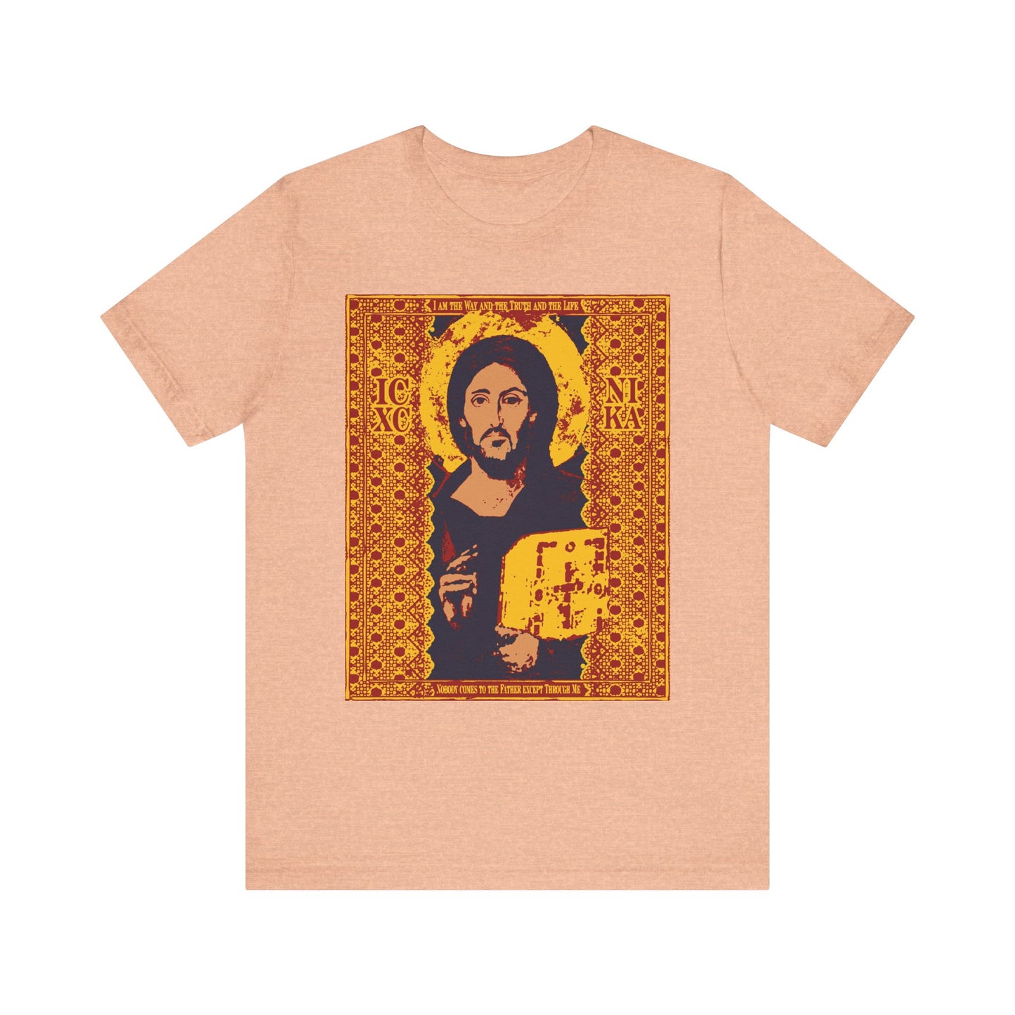 Heather peach unisex lightweight cotton tee featuring a stylized, ornate Sinai Pantocrator iconographic image of Jesus Christ (ICXC NIKA) holding a book, framed by decorative gold patterns and inspired by John 14:6—"I am the Way," in the Orthodox Christian tradition.