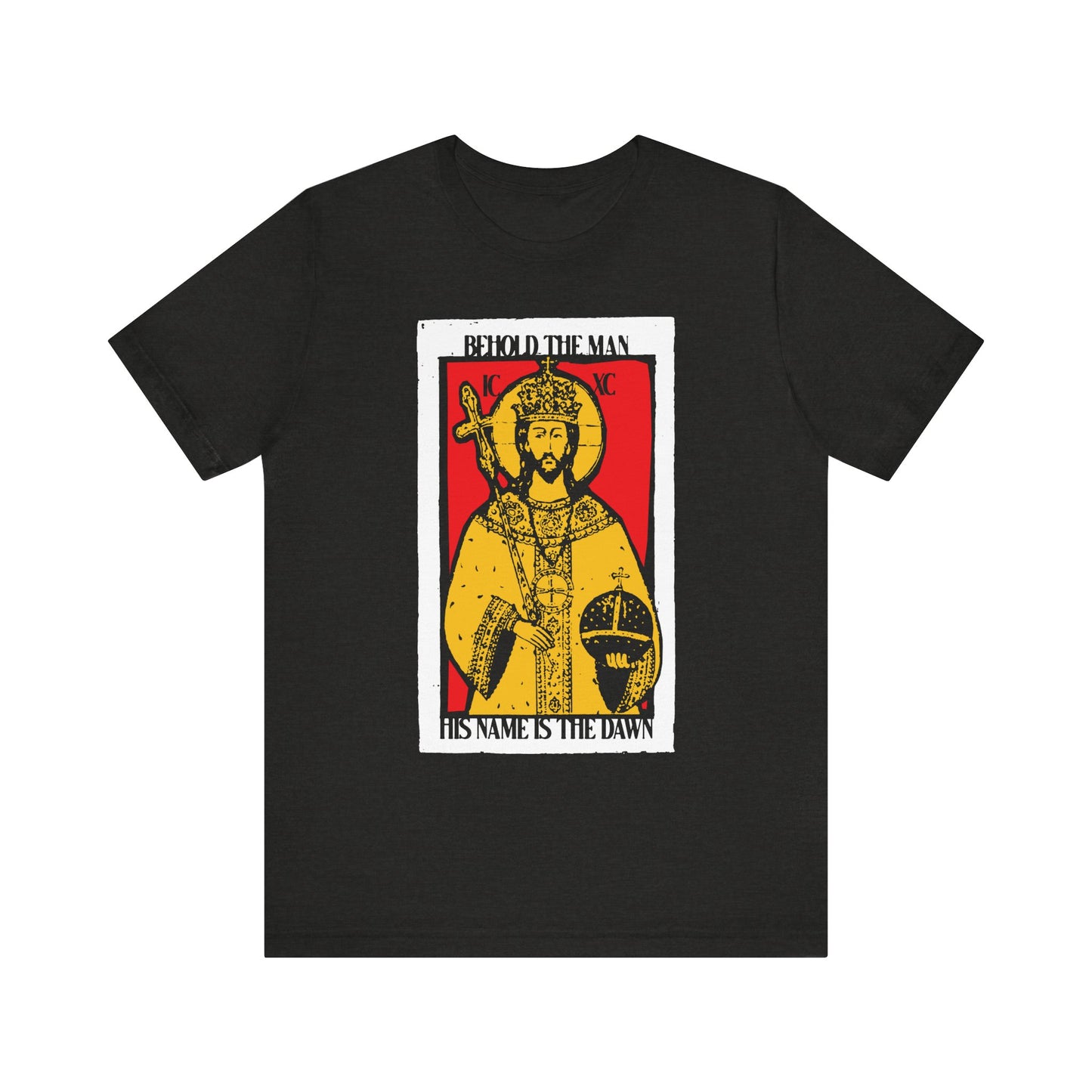 Black Heather tee featuring a red and yellow Christ iconographic design with "His Name is the Dawn" (Zechariah 6:12 LXX), reflecting resurrection and new beginnings. Lightweight, unisex cotton.