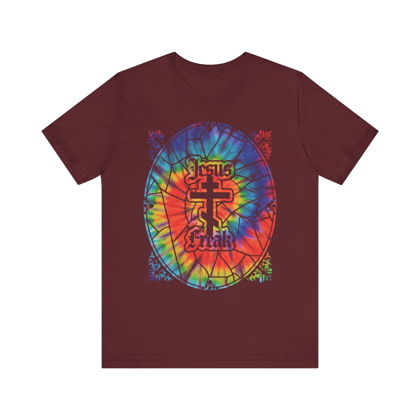 Maroon lightweight cotton tee featuring a tie-dye stained glass window design with an Orthodox cross and "Jesus Freak" text in black gothic font—a tribute to the bold spirit of the 70s Jesus Movement and its iconic founder Duane Pederson.
