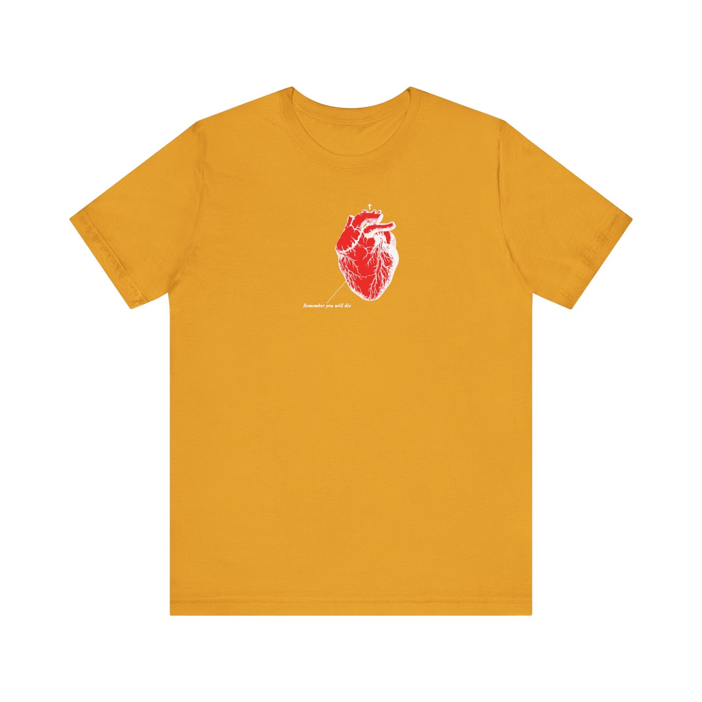 Mustard Remember You Will Die t-shirt featuring an antique medical textbook anatomical heart graphic with red and white inverted shadows and small text, inspired by Orthodox Christian themes of remembrance of death and St John of the Ladder's teachings on spiritual mourning.