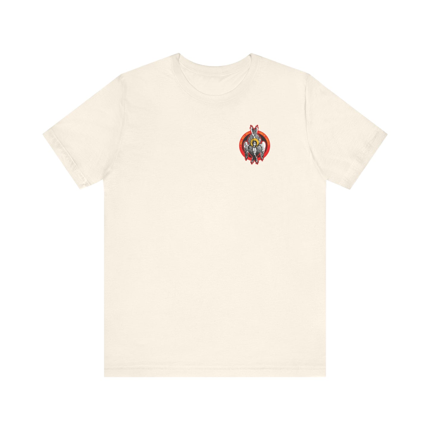Natural Holy Holy Holy Seraphim Angel Icono-Graphic T-shirt featuring a small, colorful bird inside a red heart design on the left chest, inspired by angels and the spirit of St John of Kronstadt. Lightweight cotton unisex fit.