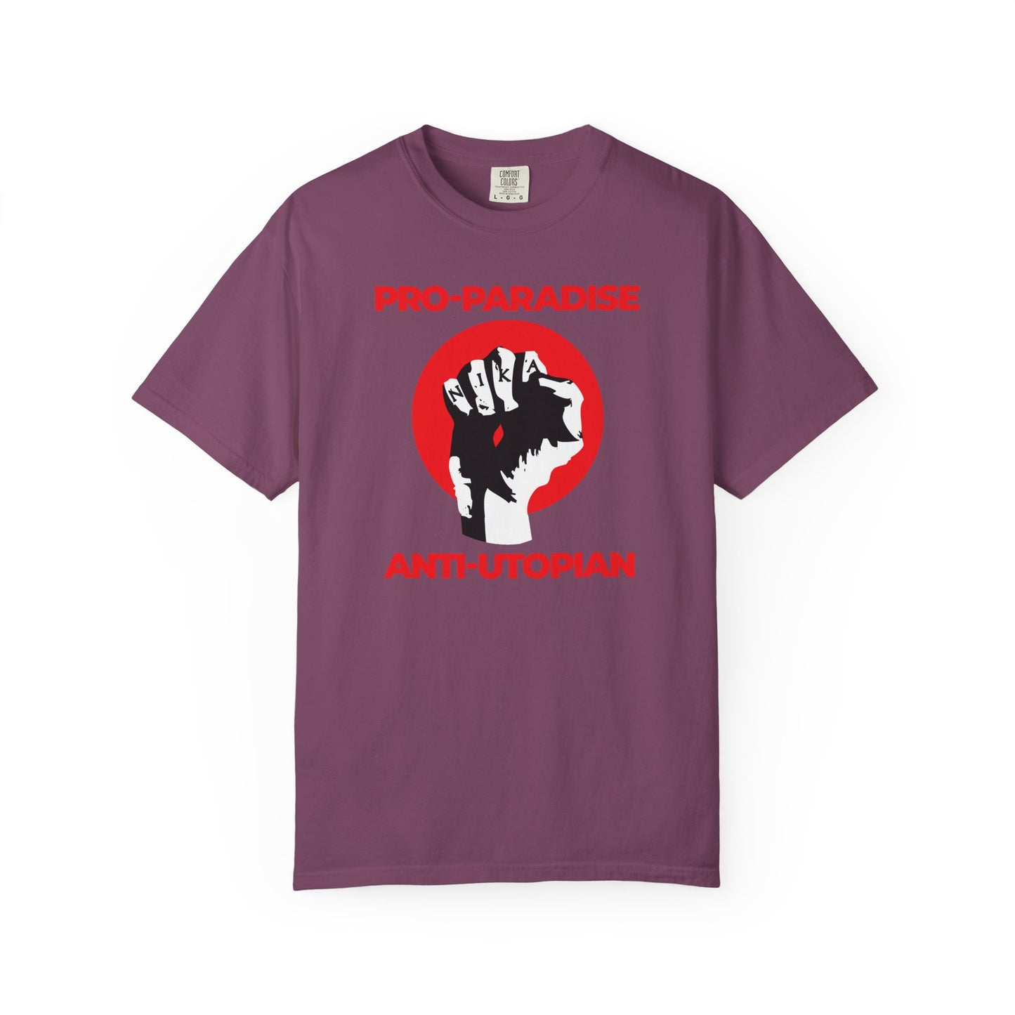 Berry heavyweight cotton unisex t-shirt features a raised NIKA fist, Jesus Christ crucified graphic, and “Pro-Paradise Anti-Utopian | Resist the Dominant Secular Paradigm” text—a bold statement of faith and resistance.