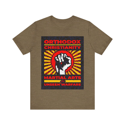 Orthodox Christianity: Martial Arts for Unseen Warfare | NIKA Jesus Fist on Colorful Sunburst Design | Orthodox Christian T-Shirt