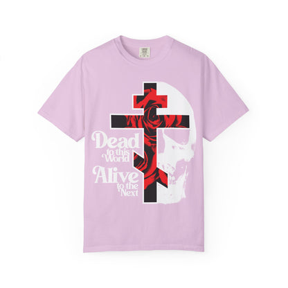 Orchid Dead to this World | Christian Goth Flower Cross & Skull tee: white skull, red roses, cross, and 70s typography on heavyweight cotton—bestselling unisex design inspired by the Ladder of Divine Ascent's blessed dispassion.