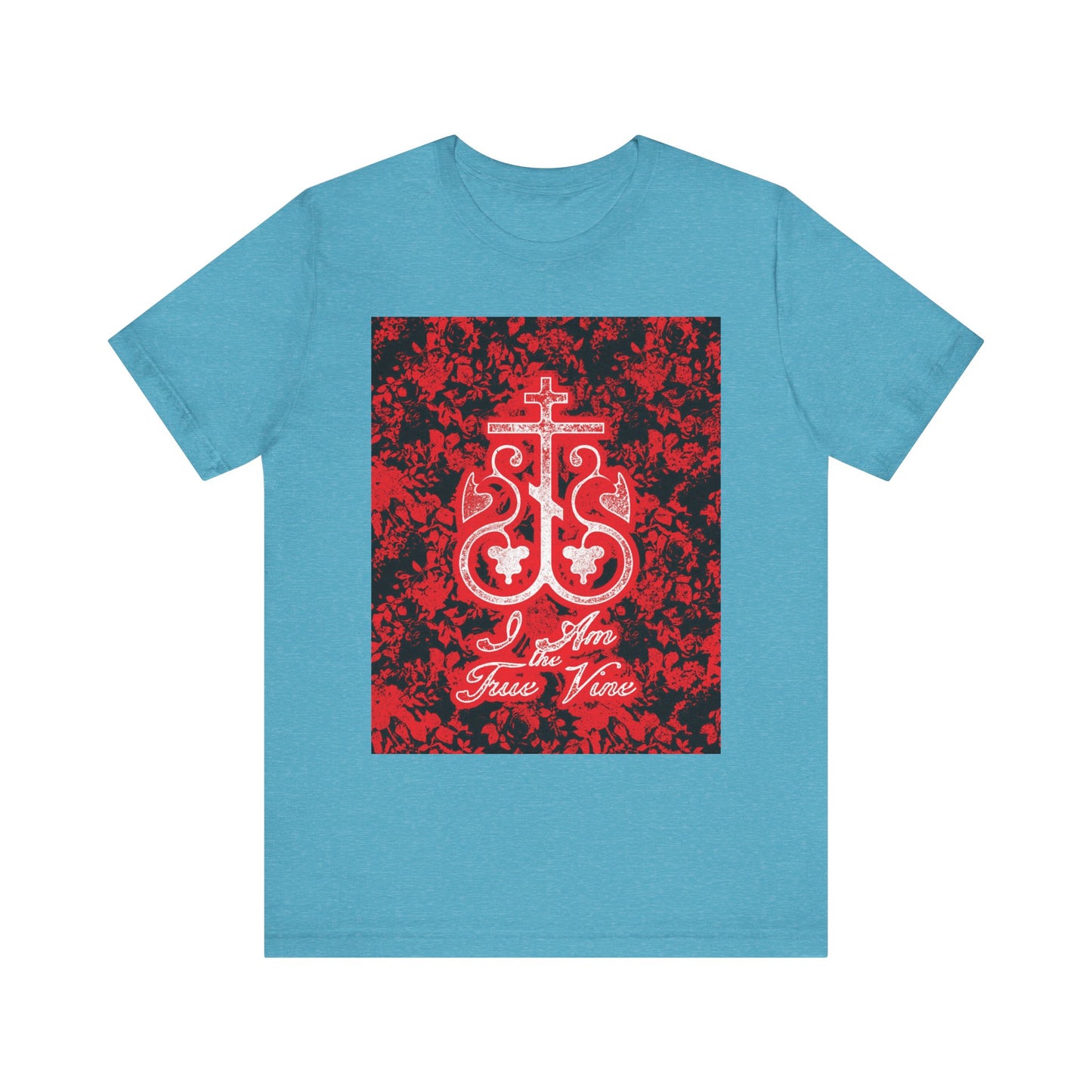 Heather Aqua unisex tee featuring a red and black Orthodox cross with a vine monogram and John 15:1—"I Am the True Vine"—inspired design. Lightweight cotton, perfect for expressing faith.