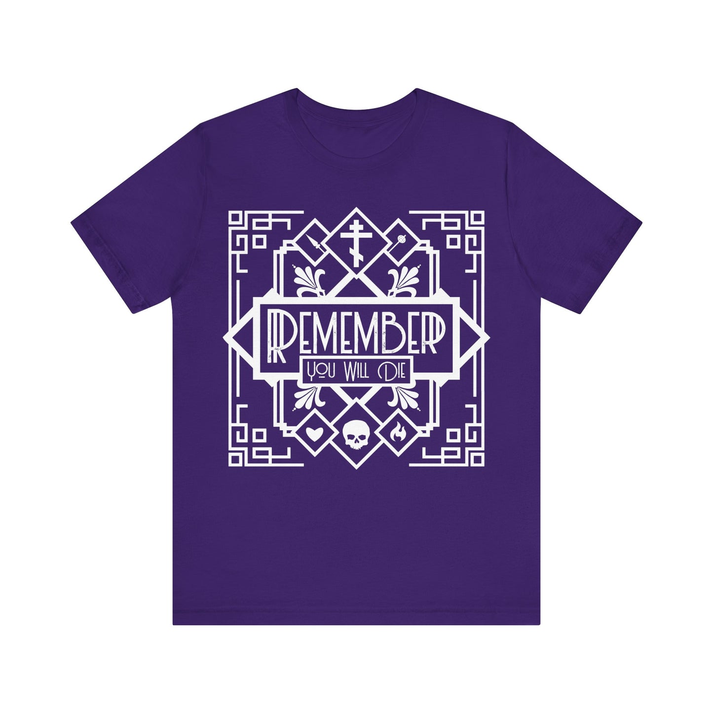 Team Purple unisex tee with black and white art deco design—skull, heart, fire—and “Remember You Will Die” text. Inspired by Orthodox Christian Memento Mori; line art with small symbolic details. Cotton, unisex fit.