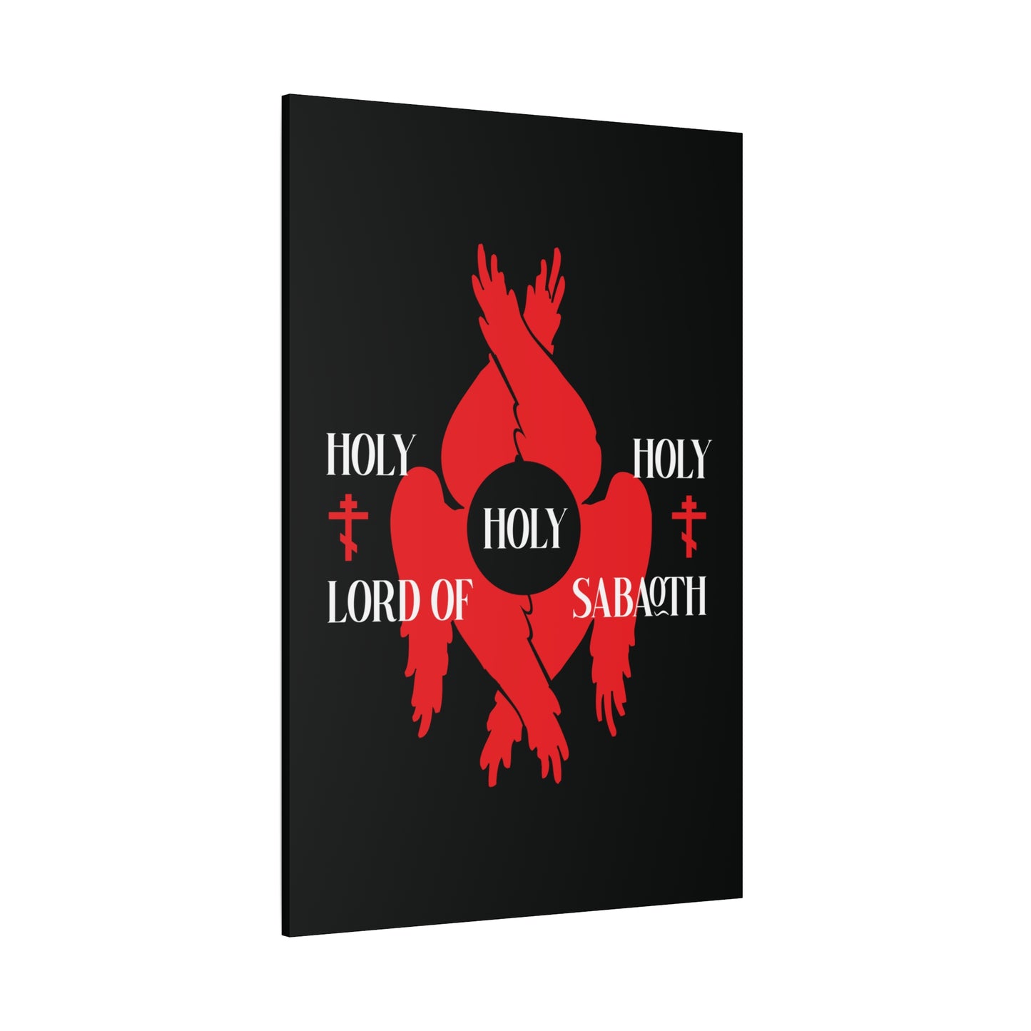 The "Holy Holy Holy Lord of Sabaoth Red Seraphim Wings Orthodox Crosses | Isaiah 6:3" Christian canvas art features a six-winged red seraphim and sacred text on black, inspired by St Cyril of Jerusalem and the Divine Council.