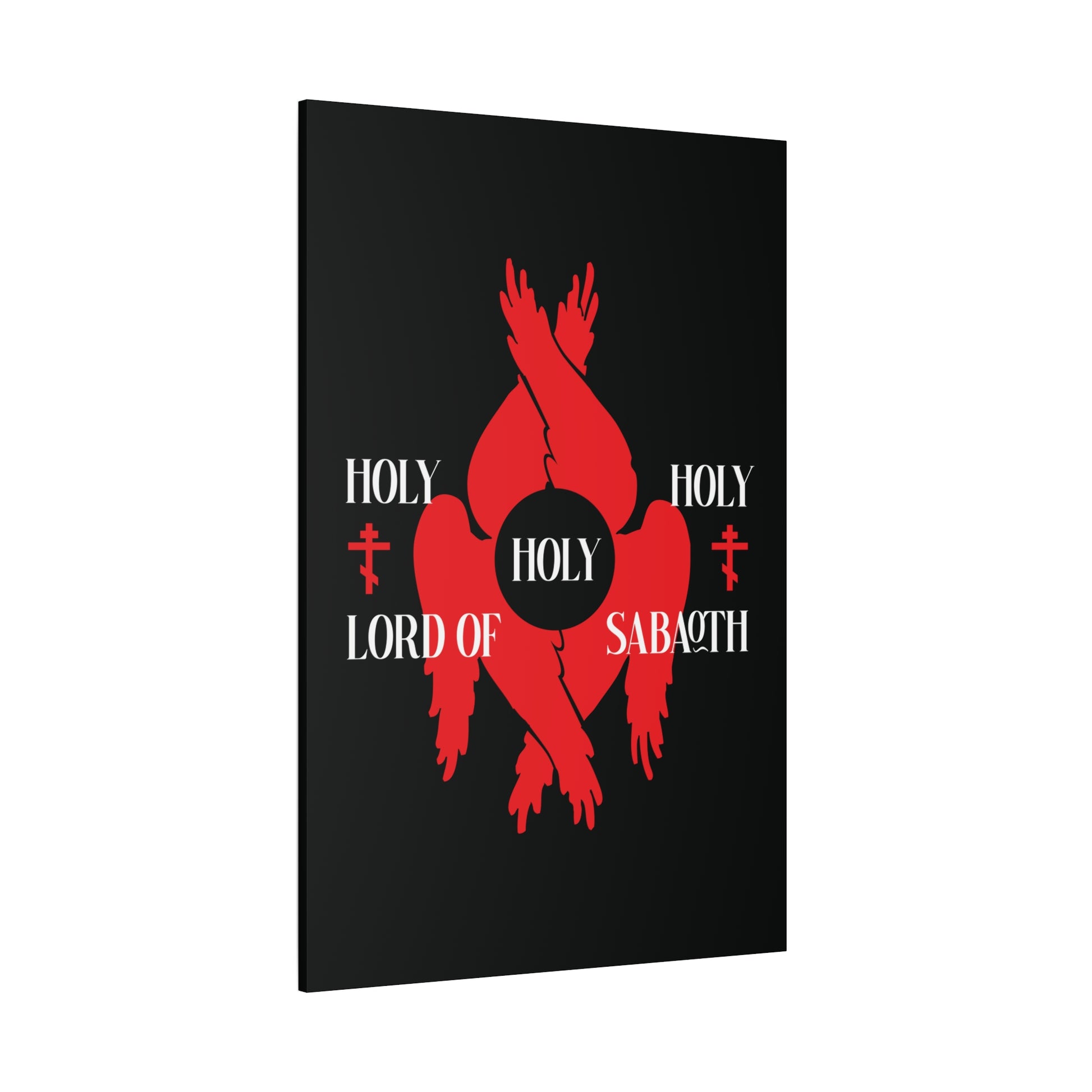 The "Holy Holy Holy Lord of Sabaoth Red Seraphim Wings Orthodox Crosses | Isaiah 6:3" Christian canvas art features a six-winged red seraphim and sacred text on black, inspired by St Cyril of Jerusalem and the Divine Council.