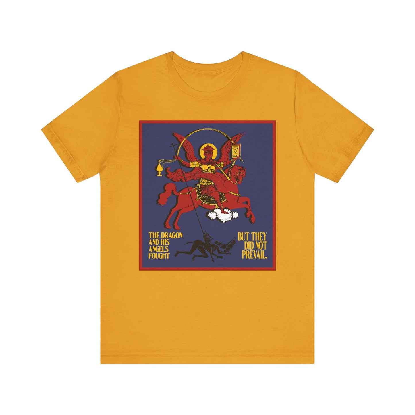 Mustard Archangel Michael Defeating Satan the Dragon (Rev 12:7-8) tee—Orthodox Christian lightweight cotton shirt with striking apocalyptic iconography, inspired by Revelation and spiritual warfare.