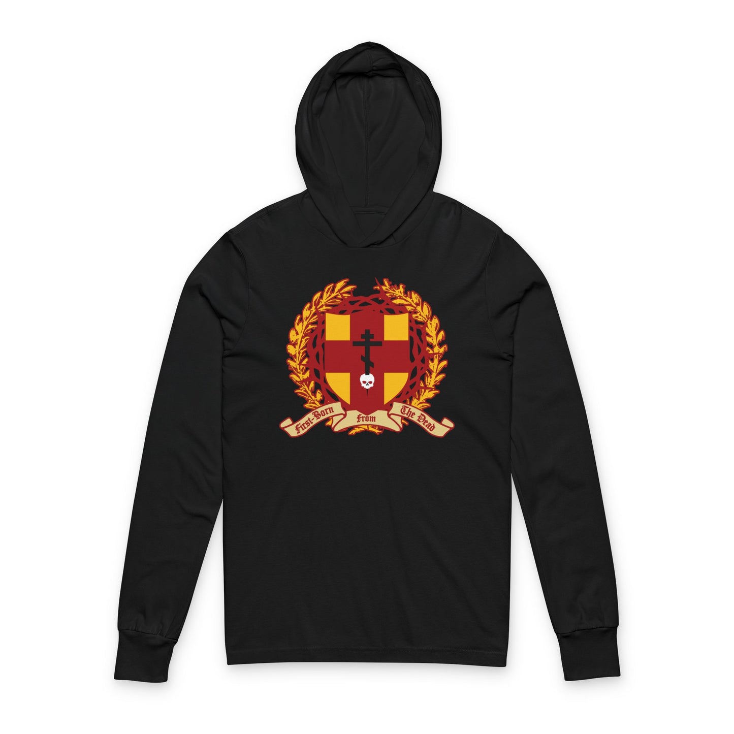 Black “First-Born from the Dead” hoodie with an Orthodox cross stabbing a skull, shield with victory wreath, and crown of thorns—Christian design inspired by Col 1:18 on black cotton.