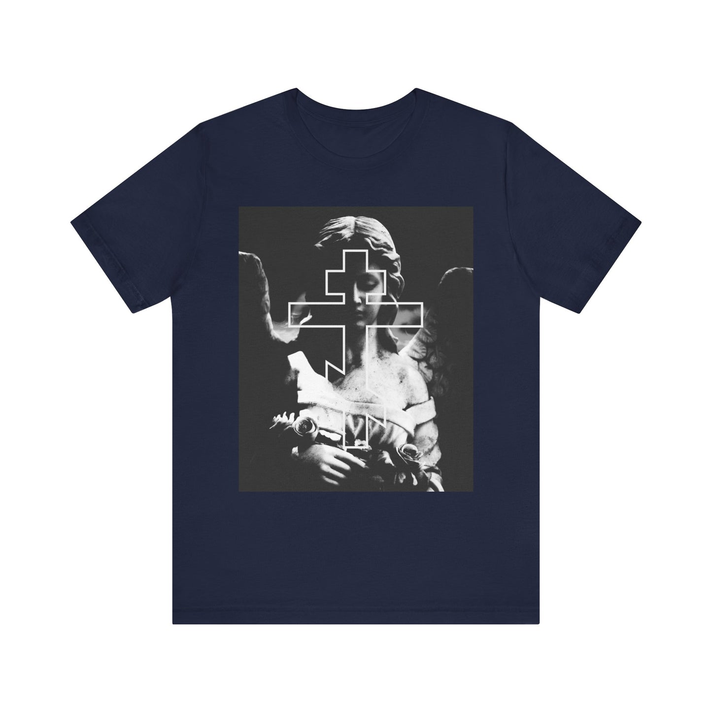 Navy unisex tee featuring a grayscale Cemetery Angel and Orthodox Cross, blending goth aesthetic with memento mori style. Lightweight cotton; perfect for those who appreciate "Remember You Will Die" symbolism.
