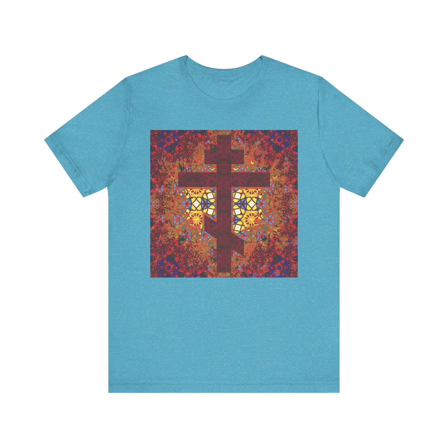Heather aqua t-shirt featuring a geometrical pattern stained glass Orthodox cross design, inspired by the words of Elder Ambrose of Optina—a Christian lightweight cotton unisex tee that's perfect for anyone looking to add meaning and inspiration to their everyday style.