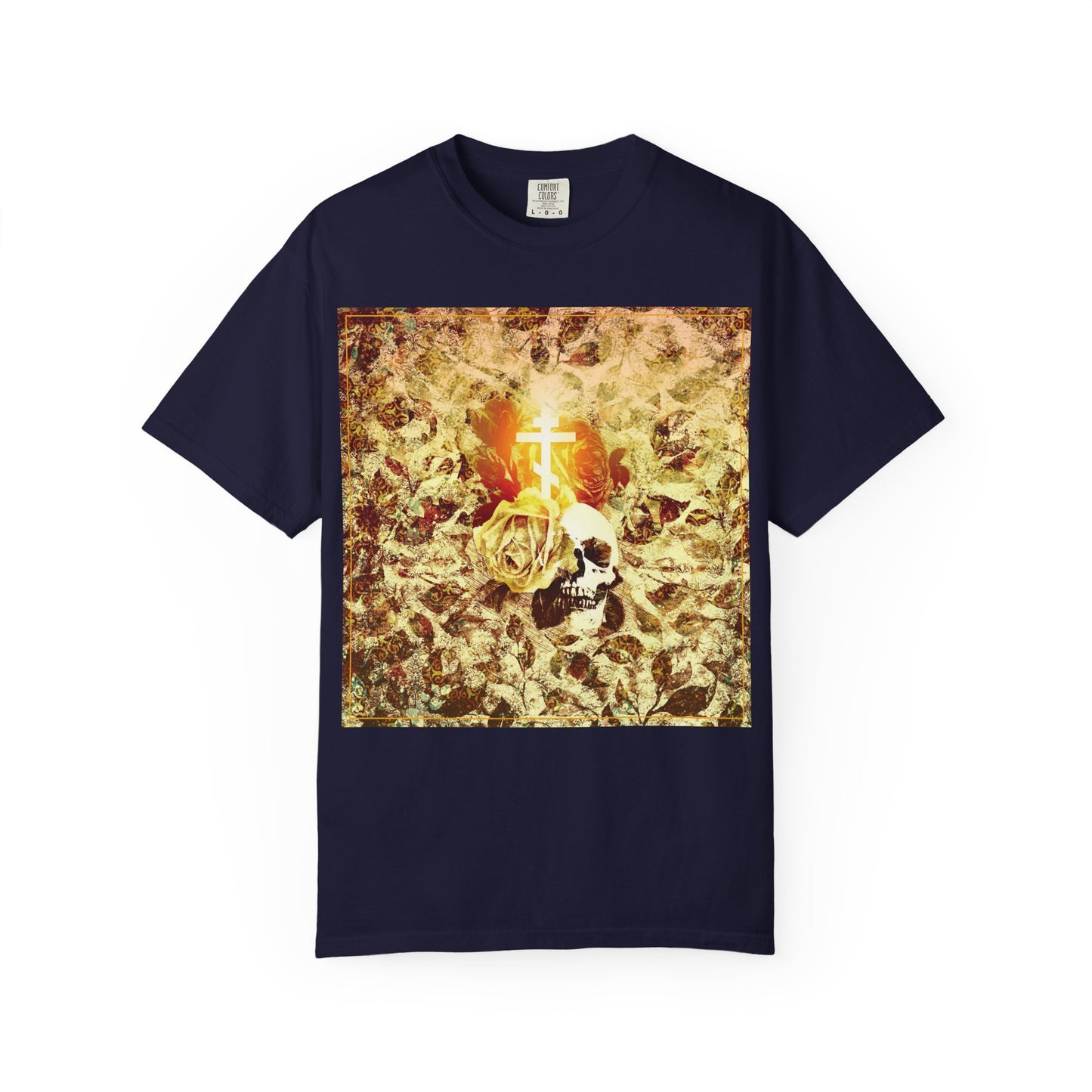 True Navy T-shirt featuring a golden rose, glowing Orthodox cross, and skull graphic set against an ornate floral texture—channeling the dramatic Gothic Christian aesthetic of the Rose & Skull Glowing Orthodox Cross design on heavyweight cotton.