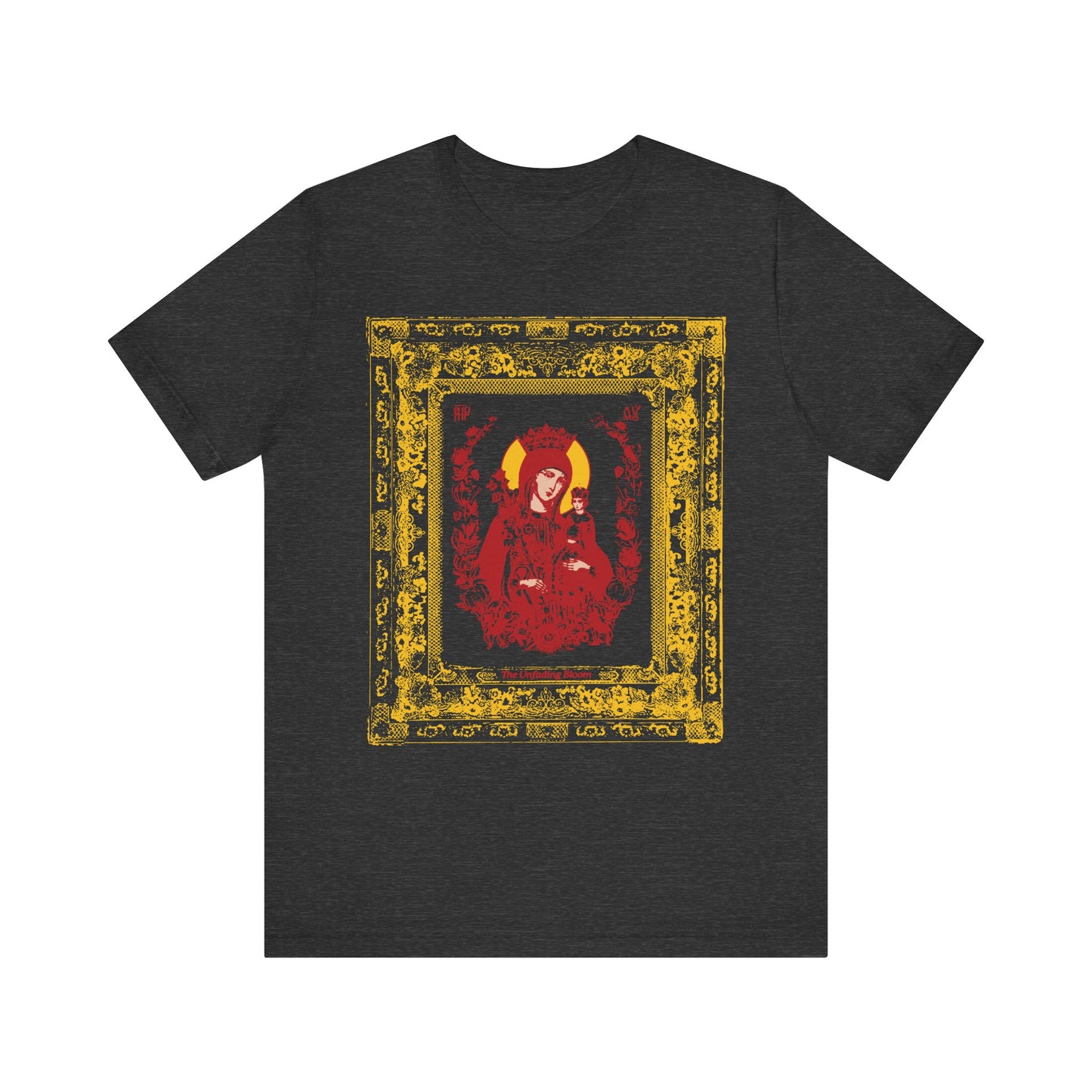 Dark grey heather t-shirt featuring the Unfading Bloom Ornate Theotokos iconographic design—a crowned Mary, the Mother of God, in a red dress with a golden halo, radiating grace and reverence—printed on soft, lightweight cotton.