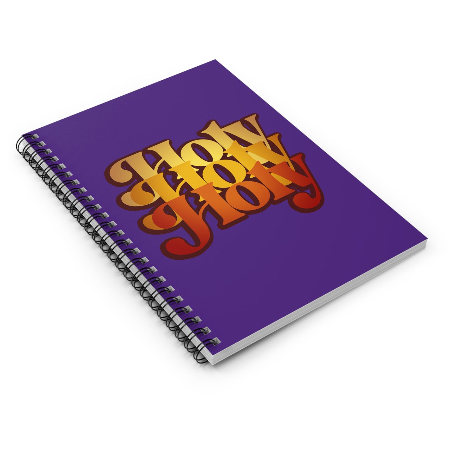 A purple spiral notebook titled "Holy Holy Holy Trisagion Liturgical Prayer" features bold retro yellow and orange lettering inspired by Isaiah 6, with a 70s style design referencing Cherubim & Seraphim Orthodox Christian prayer.