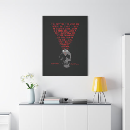 A modern room with a white console, yellow lamp, and flowers features "The Present Day As the Last Day of Our Life" Orthodox canvas wall art—St John Climacus’s memento mori with skull and red cross—inviting reflection on mortality.