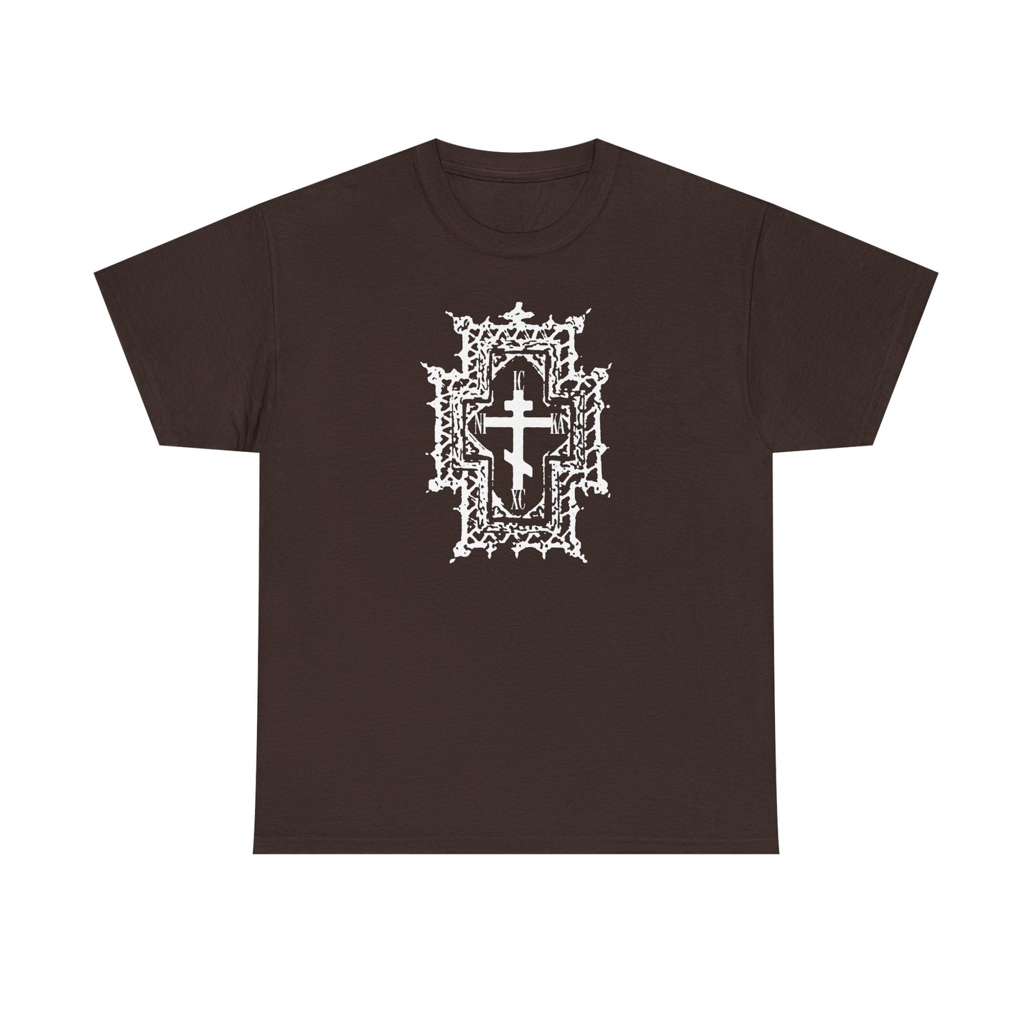 Dark Chocolate ICXC NIKA t-shirt featuring a Gothic Cathedral style Orthodox cross with crown of thorns motif and “Healed By His Wounds”—a bold Christian tribute to Jesus Christ Conquers.