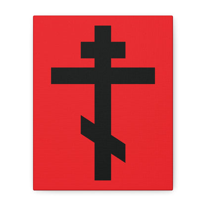 Black Orthodox Cross Red Background | "May I never boast, except in the cross of our Lord Jesus Christ" (Gal 6:14) – a canvas art piece reflecting Orthodox faith and spiritual devotion.