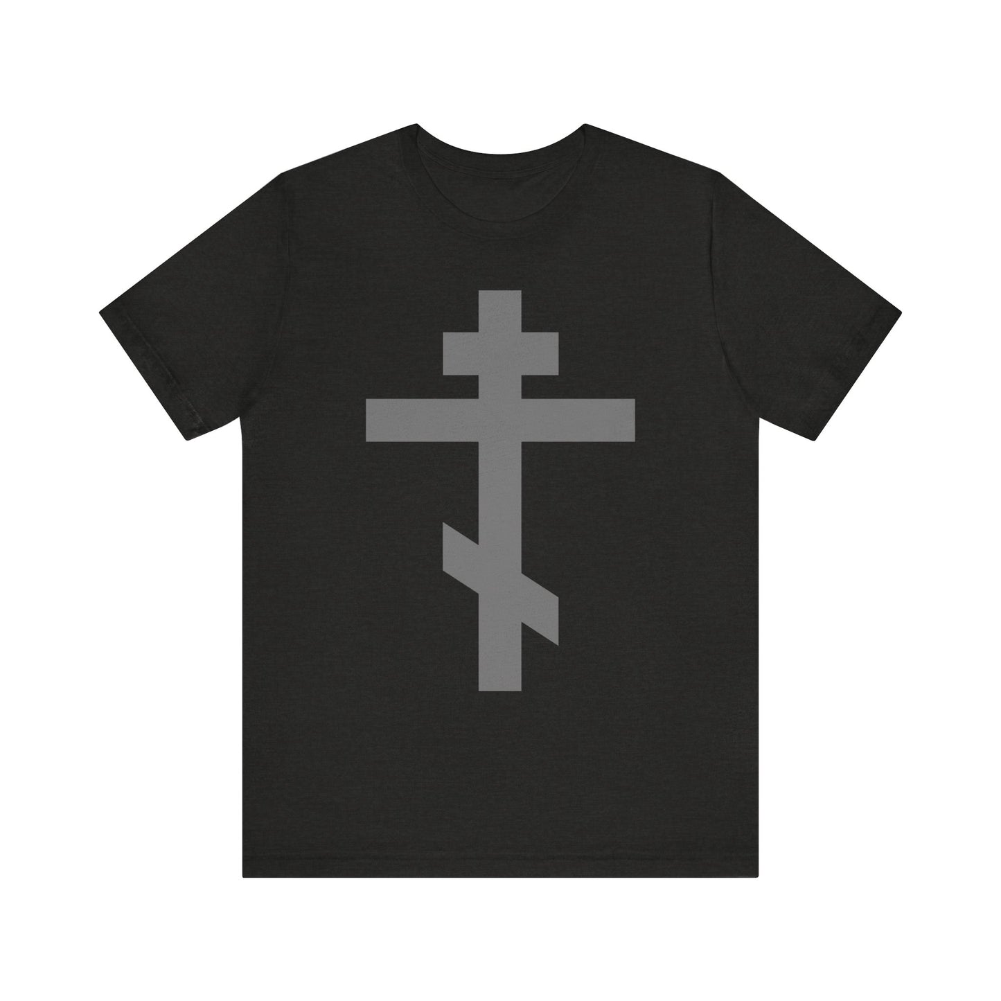 Certainly! Here’s a rewritten sentence incorporating your product data: Black heather lightweight cotton unisex tee featuring a large light gray Orthodox tribar cross design centered on the front, inspired by St. John of Kronstadt and bearing the inscription "Preserve Thy People By Thy Cross, O Lord." This Christ is King t-shirt reflects the profound meaning of the Saviour’s sufferings.