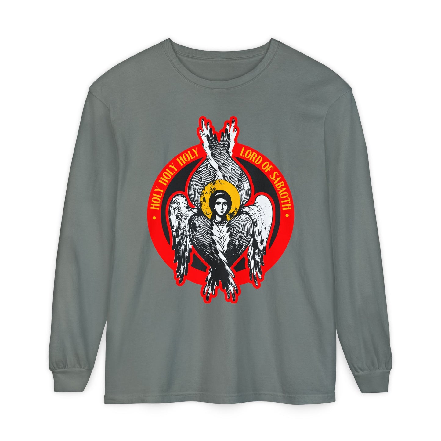 Grey long-sleeve "Holy Holy Holy, Lord of Sabaoth" shirt features an Orthodox Seraphim angel icon graphic, inspired by Isaiah 6’s prophet’s throne vision. Perfect for Orthodox Christians seeking unique apparel.