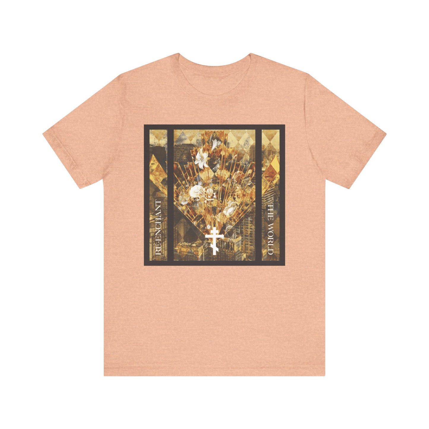 Heather peach lightweight cotton unisex tee featuring a modern graphic design of a cityscape with a cross and flowers in earthtones, inspired by the Exaltation of the Cross and the beauty of the Church. The design includes text reading “RESILIENT” and “THE WORLD.”.