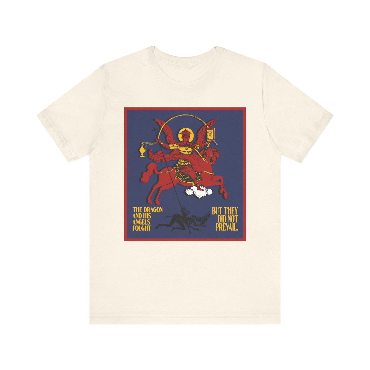 Natural cotton unisex tee featuring Archangel Michael defeating Satan the Dragon (Rev 12:7-8), inspired by Orthodox iconography and spiritual warfare. Apocalyptic IconoGraphic design.