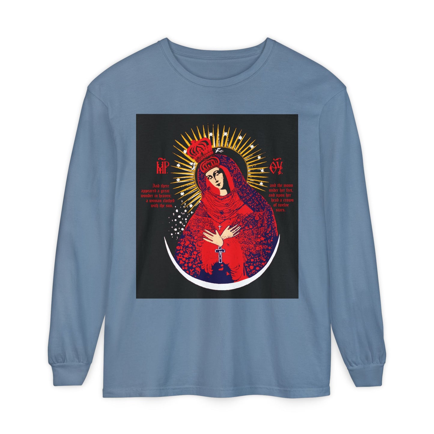 Blue Jean long-sleeve cotton shirt featuring icono-graphic art of Our Lady the Gate of Dawn—Theotokos Crowned, Woman of the Apocalypse—in red, blue, and gold. Orthodox-inspired design.