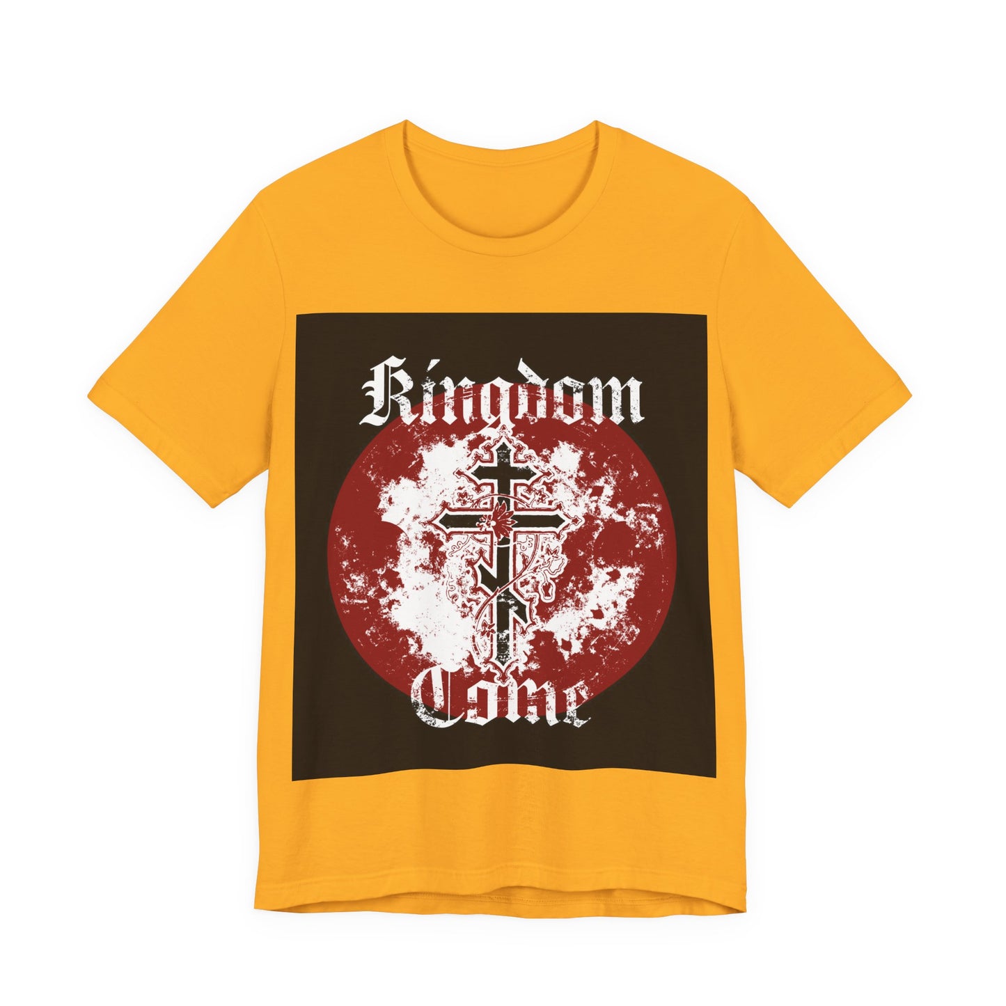 Gold unisex cotton t-shirt featuring "Thy Kingdom come," an Orthodox cross with vine, and a red and white circle—Orthodox Christian design inspired by the Lord’s Prayer.