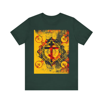 Forest T-shirt featuring an IC XC NIKA Orthodox Cross on a yellow and red modern-medieval textured floral background—a unique tribute to Orthodox Christian symbolism and the mystery of the Cross.