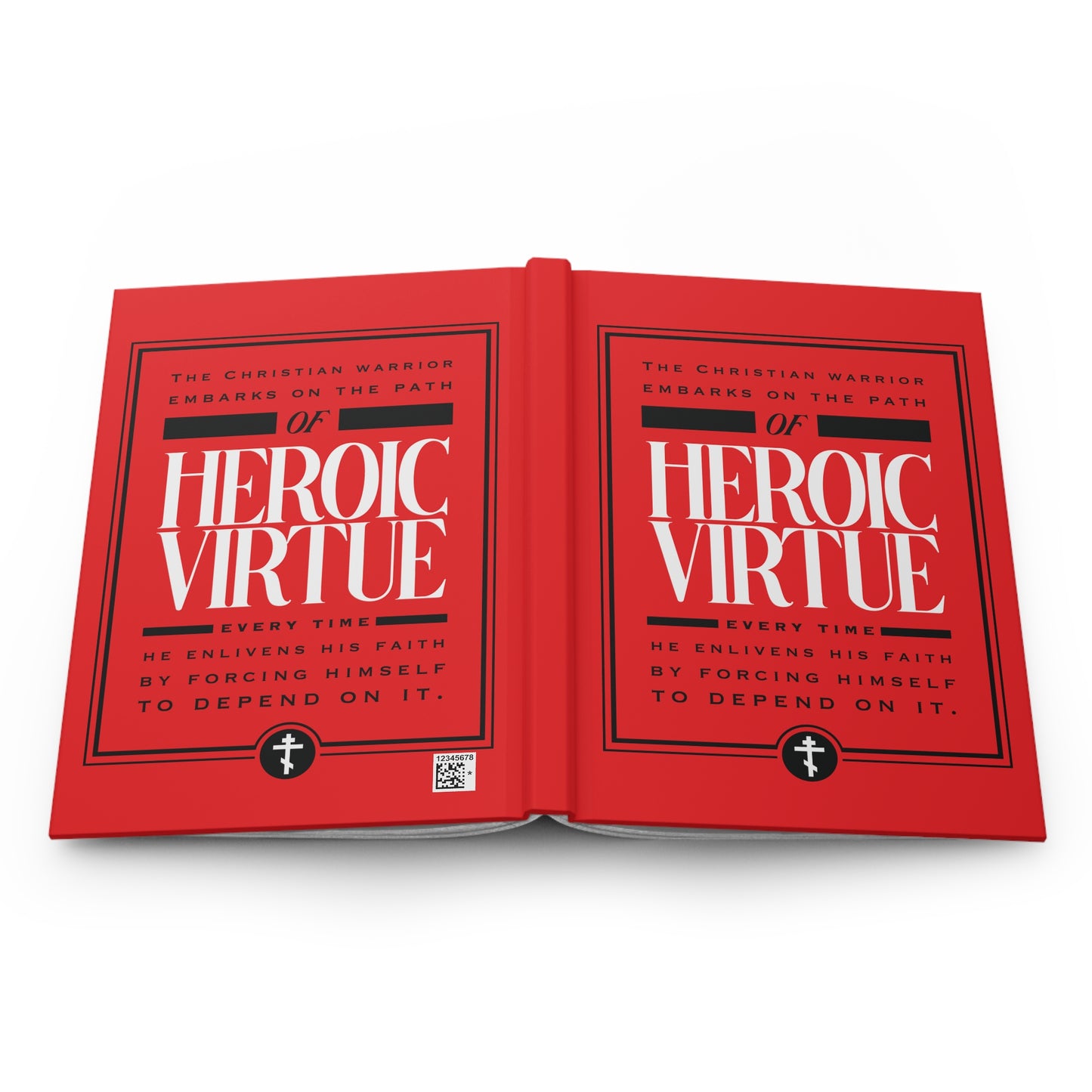 A red "Christian Warrior | Path of Heroic Virtue" journal with bold text and Christian symbols, inspiring perseverance and faith through a devotional quote from Phil 4:13 on its ascetic ethos-themed cover.
