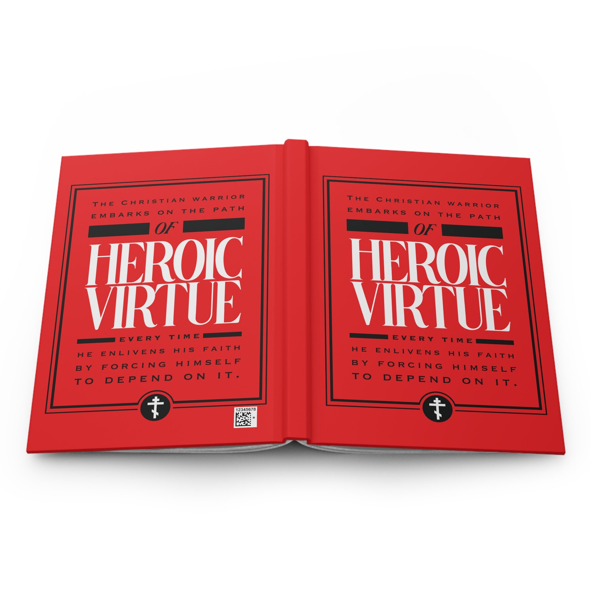 A red "Christian Warrior | Path of Heroic Virtue" journal with bold text and Christian symbols, inspiring perseverance and faith through a devotional quote from Phil 4:13 on its ascetic ethos-themed cover.