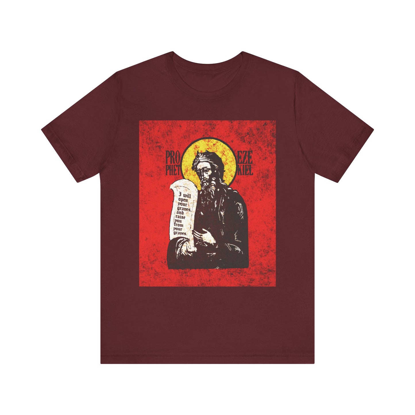Maroon t-shirt featuring the Prophet Ezekiel IconoGraphic with a textured, high-contrast bright red and yellow design—this Old Testament-inspired, lightweight cotton unisex tee captures the spirit of the Lord and evokes the breath of life.
