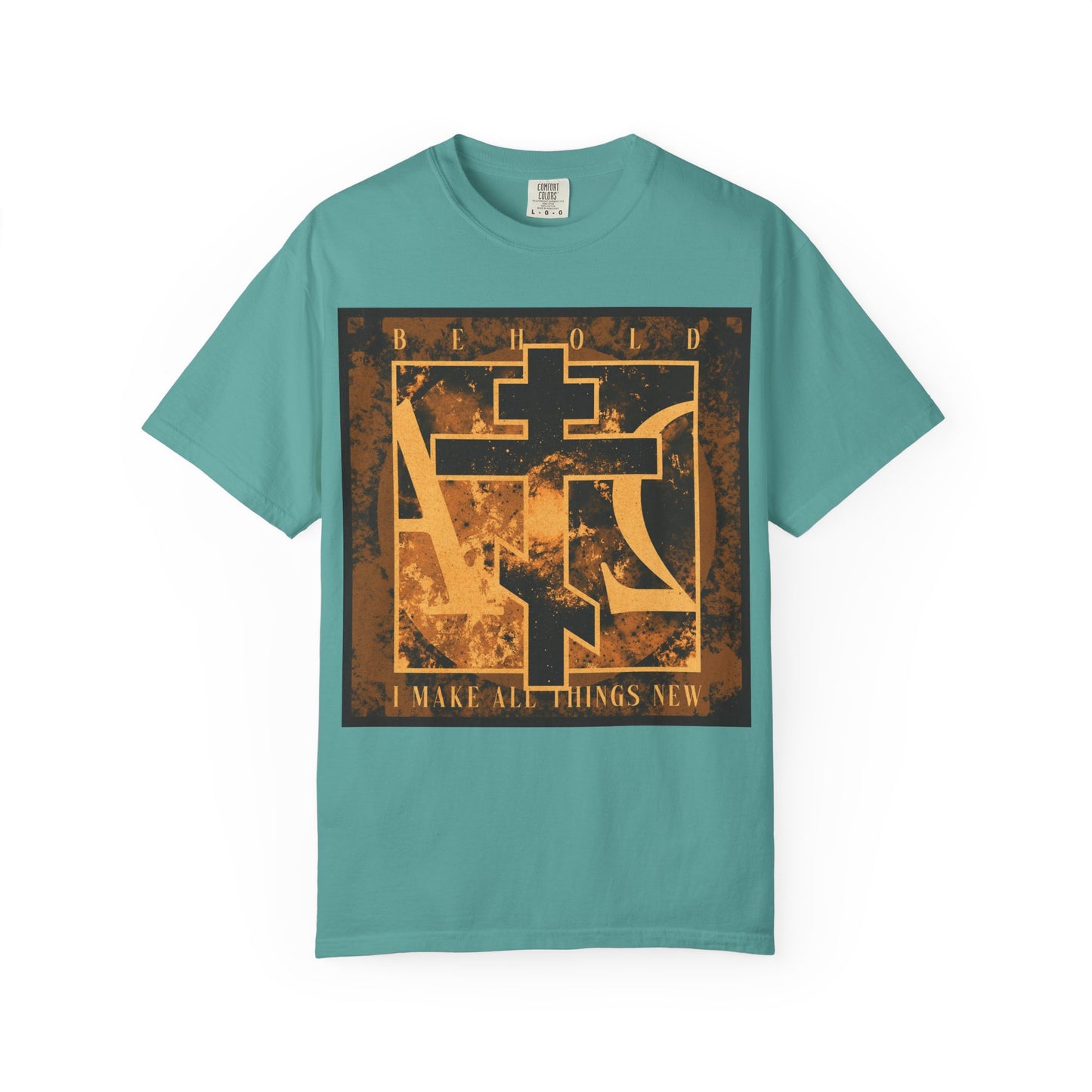 Seafoam heavyweight cotton unisex t-shirt featuring a bold brown and orange Orthodox cross with Alpha & Omega background and the text: “Behold, I Make All Things New” (Rev 21:5), celebrating the promise of a new heaven and new earth.