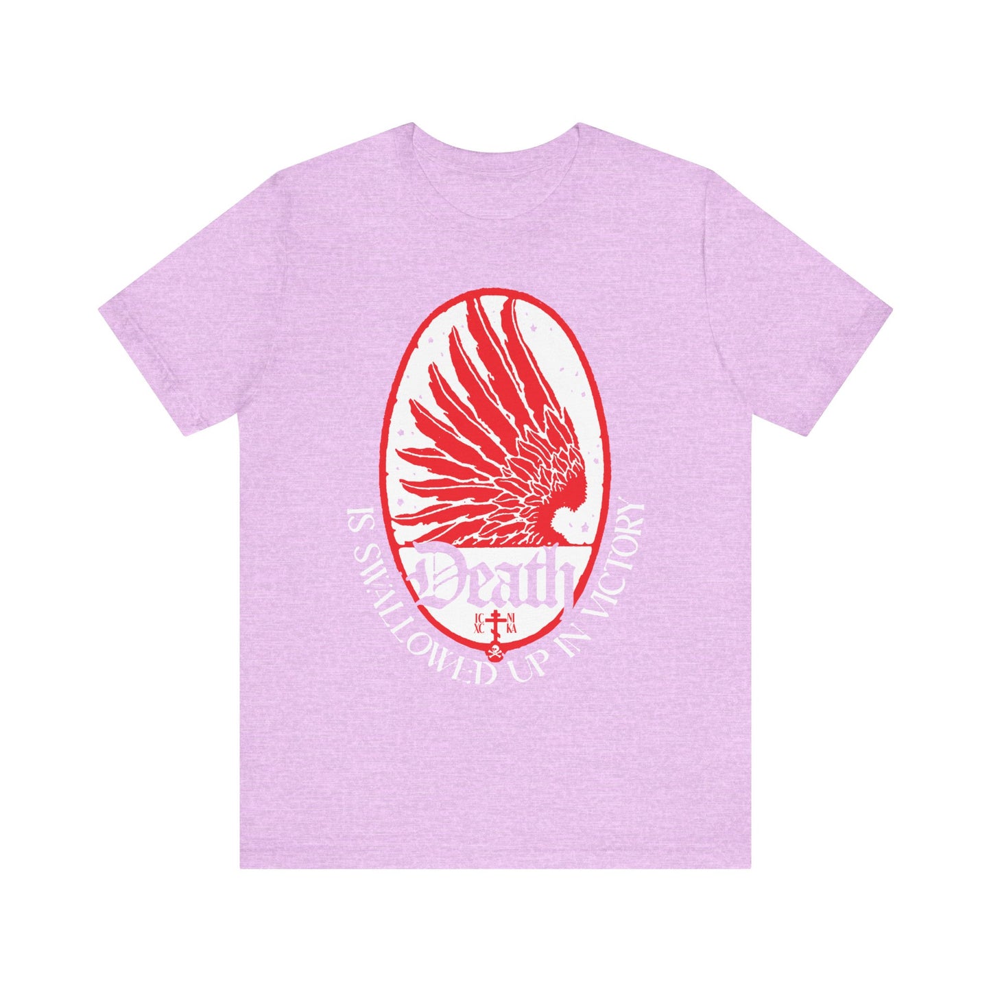 Heather Prism Lilac unisex tee featuring an Art Nouveau eagle with stars and "Death is Swallowed Up In Victory" (1 Cor 15:54) in white text—a lightweight Orthodox Christian shirt celebrating victory over death.