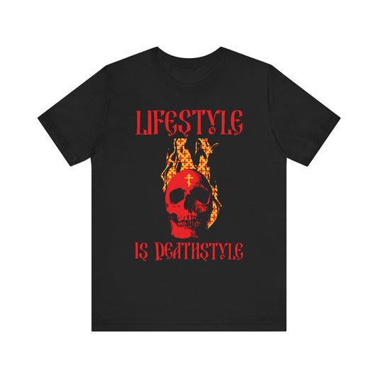 Black unisex tee featuring a burning red skull with an Orthodox cross and the bold inscription HOW YOU LIVE IS HOW YOU DIE, inspired by St Ignatius Brianchaninov’s teachings; available in lightweight cotton. Product: Lifestyle is Deathstyle | Burning Red Skull with Orthodox Cross | Lightweight Cotton Unisex Tee. Color: Black.