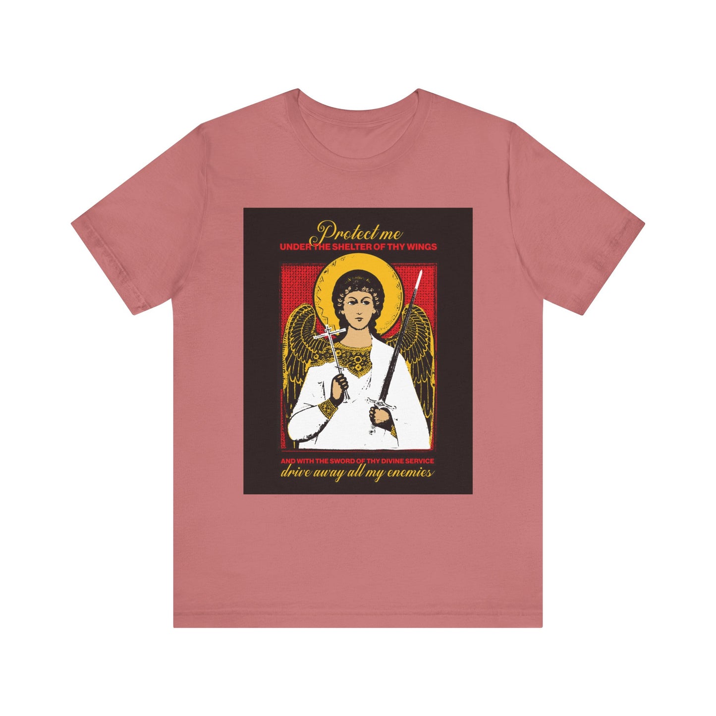Mauve Holy Guardian Angel t-shirt featuring a sword and cross icon, protection prayer, and "Drive Away My Enemies" text. Lightweight cotton unisex style for divine protection.
