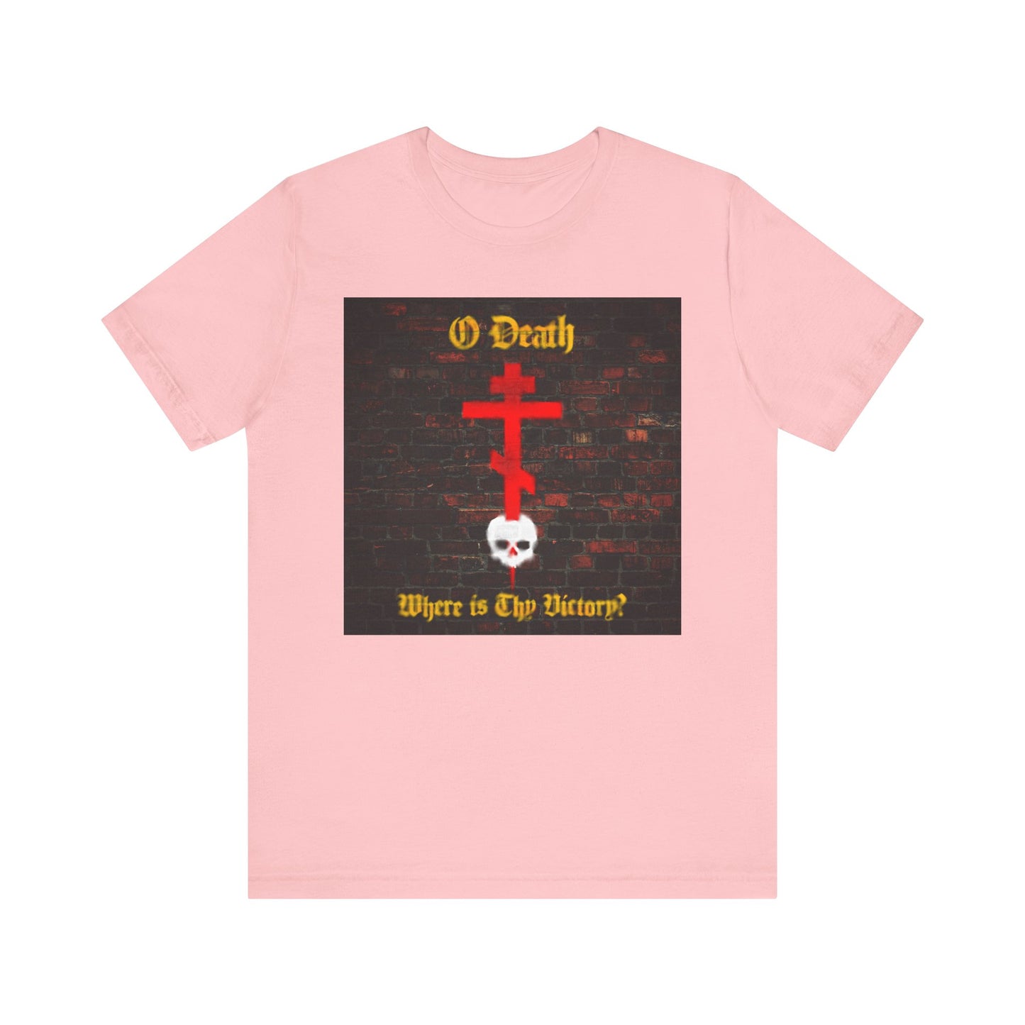 Certainly! Here’s a revised version of your sentence using the provided product data: Pink "O Death, Where is Thy Victory? Orthodox Cross Stabbing Skull Brick Wall Graffiti Aesthetic" Christian lightweight cotton unisex t-shirt—featuring a bold red cross piercing a white skull on pink, with striking graffiti-style text; an expressive tribute to St. Cyril of Jerusalem’s teachings on baptism and victory over death.
