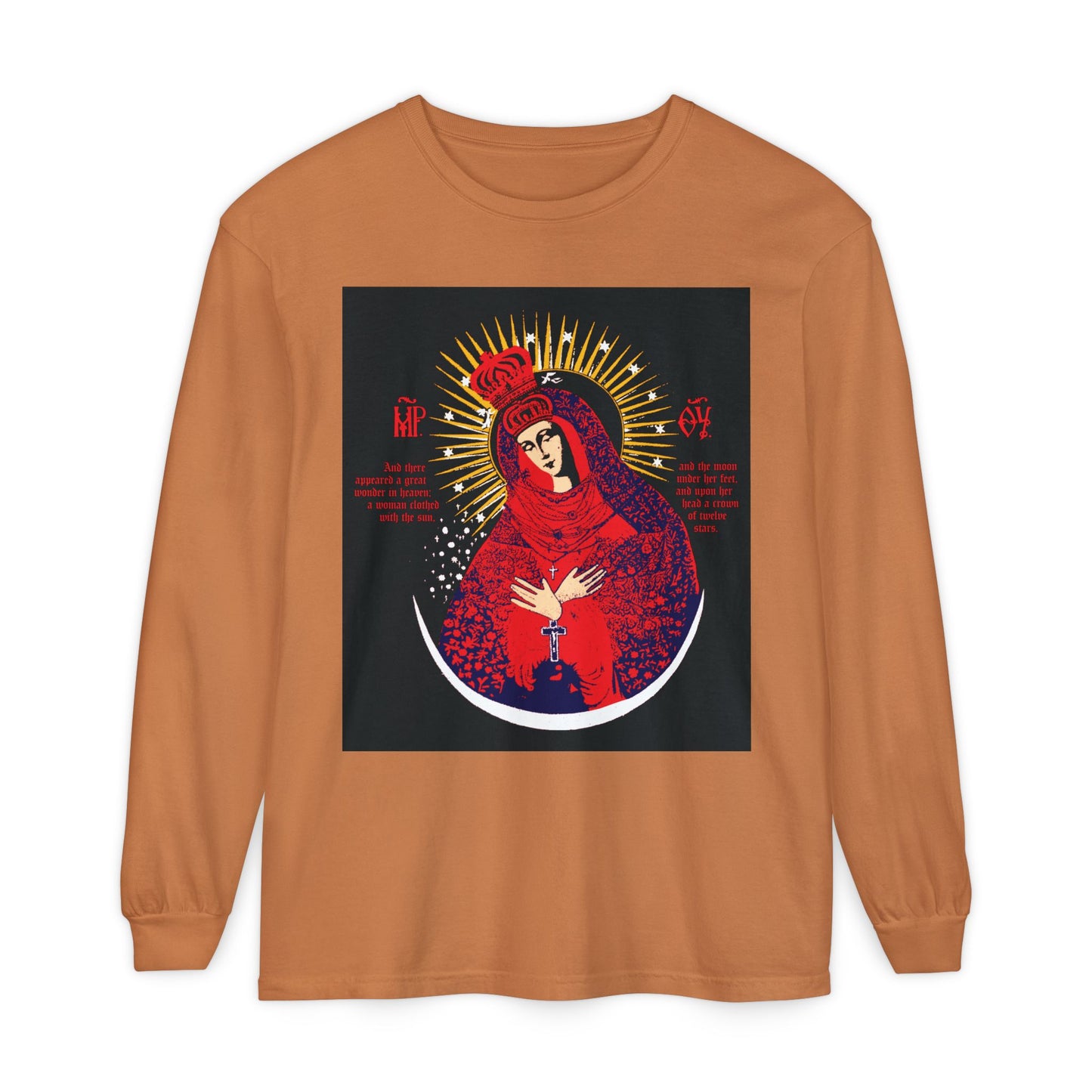 Yam long-sleeve cotton shirt with a stylized red, blue & gold "Our Lady the Gate of Dawn" iconographic graphic featuring Theotokos crowned, Woman of the Apocalypse design.
