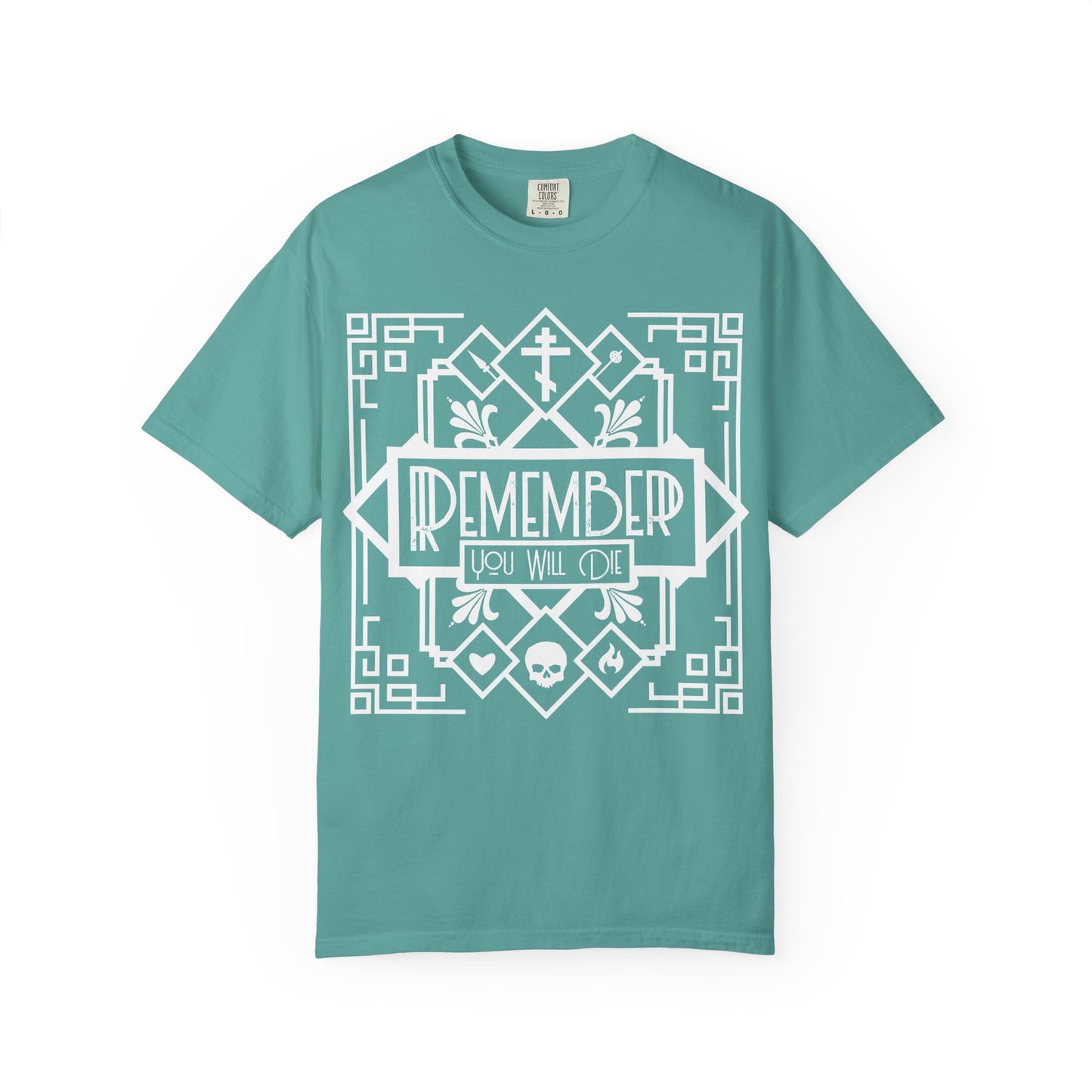 Remember You Will Die Art Deco Design | Black and White Line Art | Skull Heart Fire | Memento Mori | Heavyweight Cotton Unisex T-Shirt