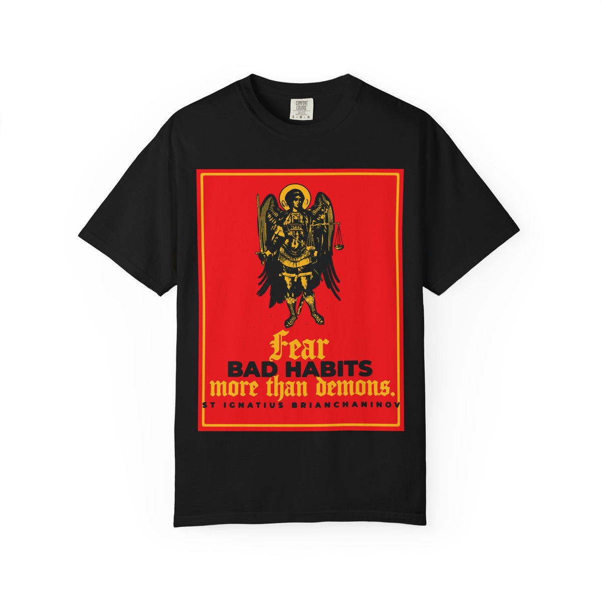 Showcase your values with the Fear Bad Habits More Than Demons heavyweight cotton unisex tee in black, featuring St Ignatius Brianchaninov’s powerful words and a striking Archangel Michael icono-graphic—a bold Orthodox statement on spiritual warfare and moral freedom.