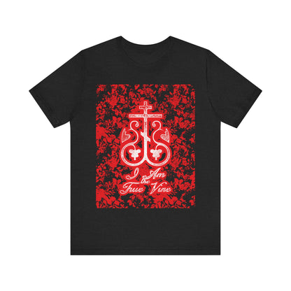 I Am the True Vine (John 15:1) | Orthodox Cross Vine Monogram | Red and Black Floral Design | Orthodox Christian T-Shirt