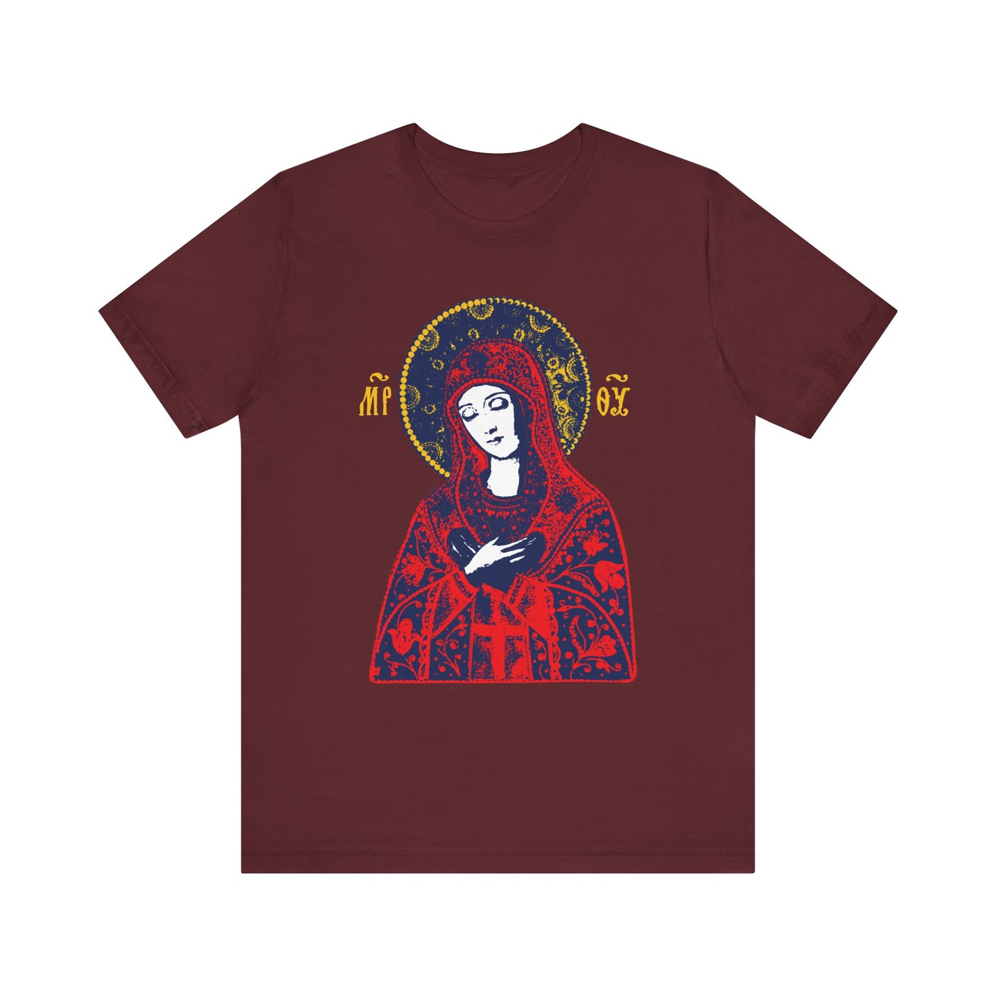 Maroon Joy of All Joys Tenderness Theotokos t-shirt, based on traditional Orthodox iconography, featuring an illustrated Virgin Mary with a golden halo. Lightweight cotton unisex Christian apparel.