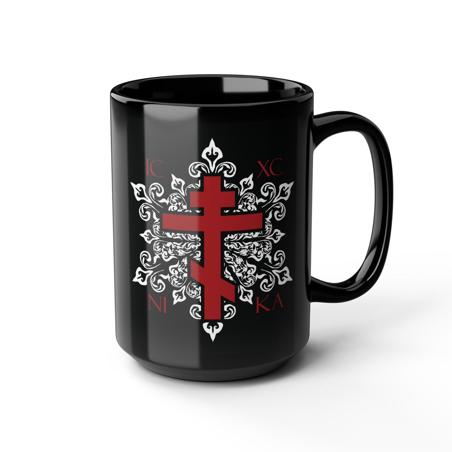 ICXC / NIKA Red Orthodox Cross on Ornate White Medieval Floral Design | Exclusive Best-Selling | Orthodox Christian Black Mug
