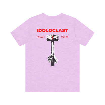 Idoloclast Idol Smasher Hammer tee—featuring bold red "IDOLOCLAST" text, a dynamic Jesus NIKA fist clutching a hammer beneath the rallying cry "SMASH YOUR PASSIONS" in red. This lightweight cotton unisex shirt, with a striking red cross on the front left breast and impactful imagery on the back, defiantly reimagines the ordinary like an Evangelical Commandment—sparking purpose and igniting your Divine Life.